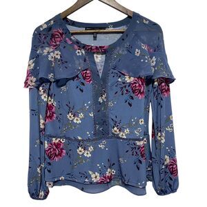 White House Black Market Blouse Womens S Blue Floral Cottagecore Romantic Ruffle